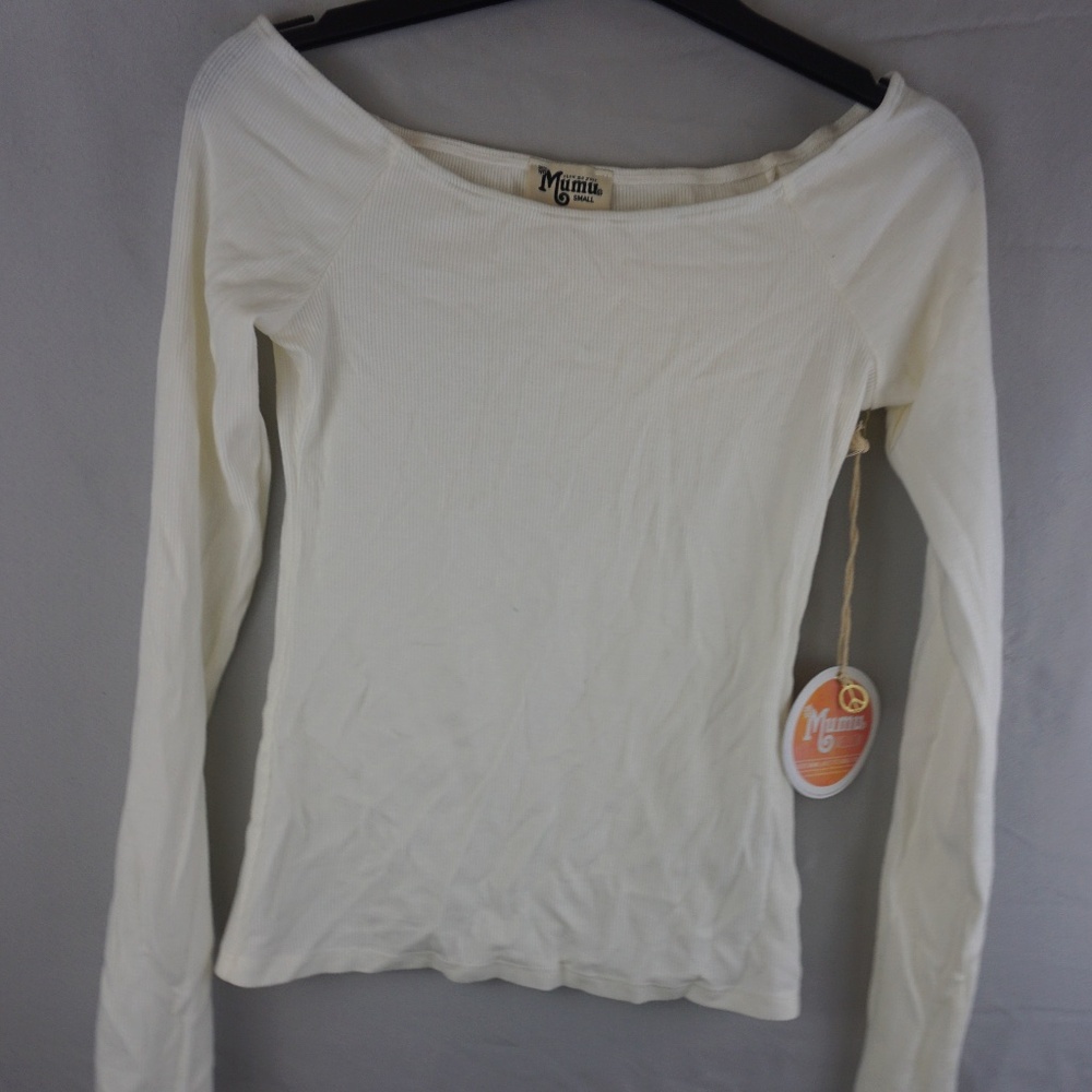 SHOW ME YOUR MUMU WHITE RIBBED LONG SLEEVE OFF THE SHOULDER CROP TOP Small